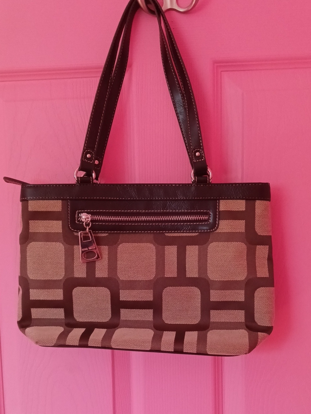 Nine West Geometric Pattern Brown Canvas Tote Bag with Black Trim